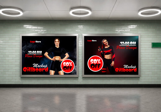 Two horizontal billboards mockup on a subway station wall