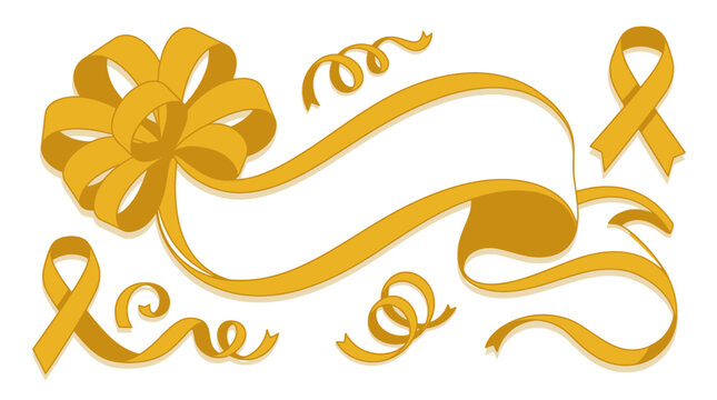 Golden yellow ribbon bow and banner set with awareness ribbons and curly streamers vector illustration. EPS Editable