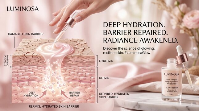 Deep hydration, barrier repair, and radiant skin with serum dropper, healthy hydrated skin barrier, scientific skincare, glowing complexion, beauty technology concept