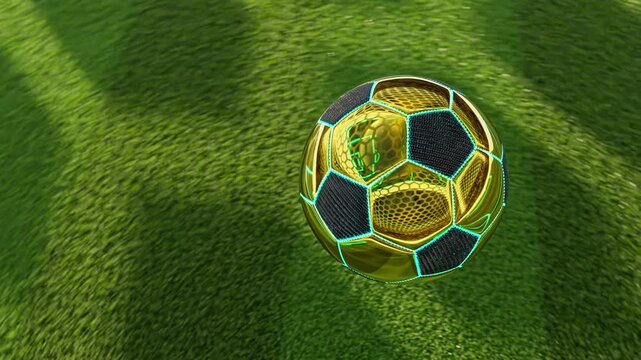 4K 3D animation of a futuristic golden soccer ball rotating on a green grass field with a dynamic camera orbit. Modern football championship seamless video loop.