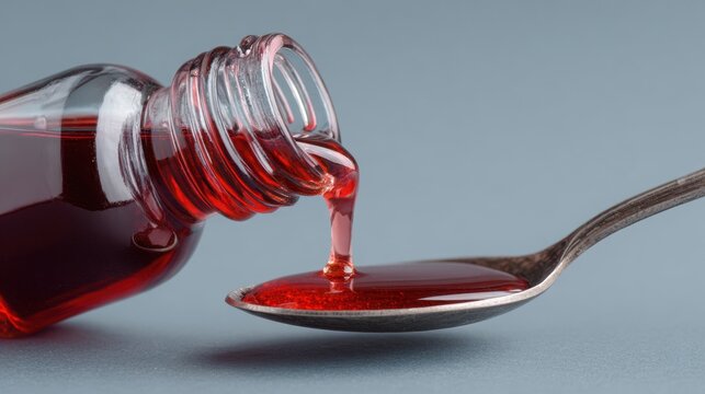 Glass bottle with red liquid pouring into a silver spoon on a gray background, showcasing the texture and color of the syrupy substance