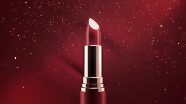Luxury Red Lipstick in Gold Case with Shimmering Golden Particles Motion Background, Seamless Loop Full HD Cosmetic Video