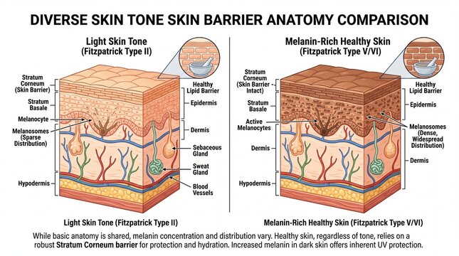 Light skin tone Fitzpatrick type II melanin rich healthy skin Fitzpatrick type V/VI skin barrier epidermis dermis hypodermis melanosome stratum corneum