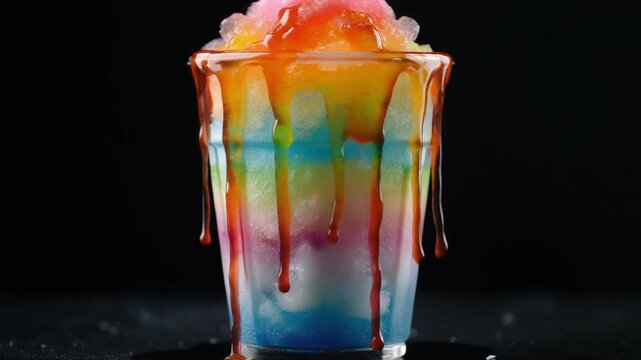 Seamless Loop of Rainbow Colored Shaved Ice in a Plastic Cup with Dripping Syrup, Vibrant 1080p Full HD Motion Background