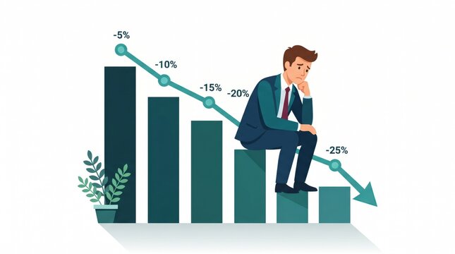 Downfall and Despair: A lone businessman sits dejectedly on a declining graph, symbolizing financial ruin and personal crisis. The falling trend suggests a significant loss or failure.