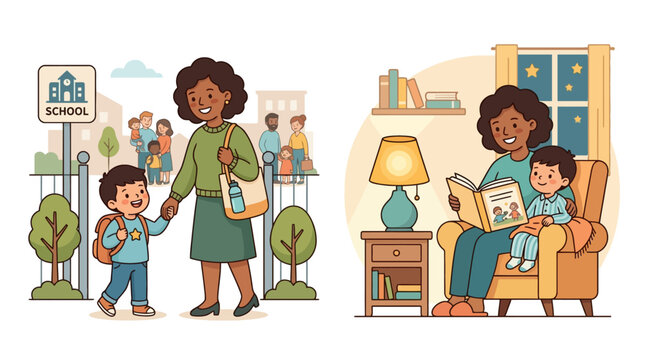 Vector illustration of a mother walking her son to school and reading a bedtime story at night. EPS Editable