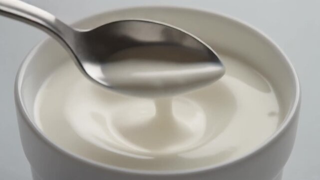 Seamless Loop Macro Video of Silver Spoon Slowly Scooping Thick Creamy Plain White Yogurt, Full HD Food Motion Background for Healthy Lifestyle