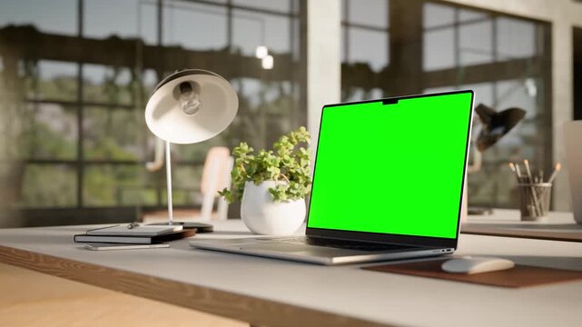 Laptop Green Screen Mockup on Desk in Bright Modern Office - Angle View