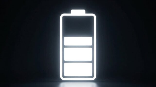Glowing neon battery icon on a dark background, symbolizing power, energy, and charging status for devices and technology
