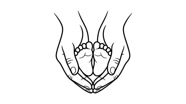 Delicate line of a pair of hands gently cradling tiny newborn baby feet with toes visible on a white background