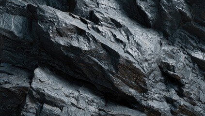 Fototapeta premium Detailed view of dark, textured, angular rock formations with subtle golden highlights