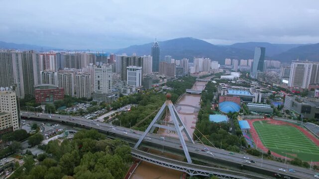 Aerial Panoramic Shot of Xining City, Qinghai Province