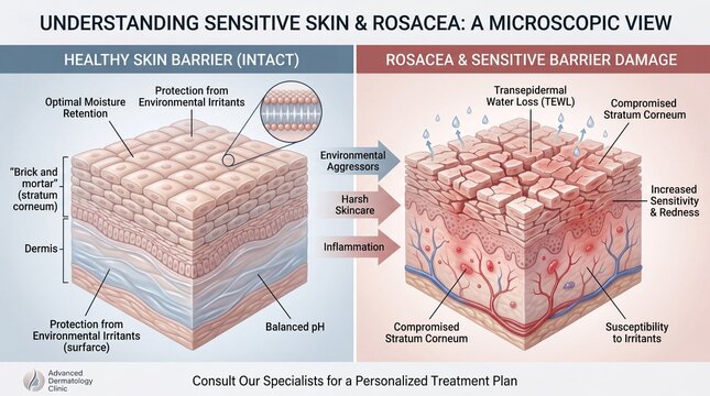 Healthy skin barrier intact optimal moisture retention protection from irritants environmental aggressors balanced pH compared to rosacea sensitive barrier damage increased sensitivity redness