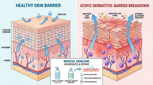 Healthy skin barrier illustration with intact stratum corneum, moisture retention, and atopic dermatitis barrier breakdown showing cracked skin, moisture loss, and allergen exposure