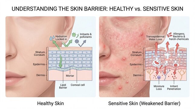 Healthy skin barrier with hydrated, smooth complexion, and sensitive skin barrier with redness, irritation, cracked cells, and allergen exposure visualized in medical diagram