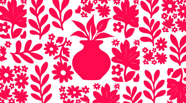 Vibrant Floral Pattern with a Central Potted Plant, Festive Red and White Design