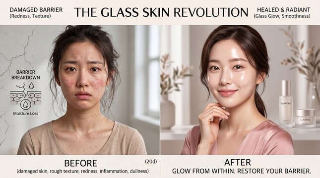 Radiant Korean woman with smooth glass skin, healthy complexion, and glowing face, before and after skincare transformation, elegant beauty advertisement style