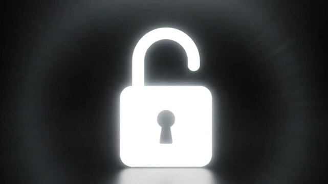 Brightly illuminated open padlock graphic conveying secure access granted, successful problem solving, and the concept of digital freedom unlocked
