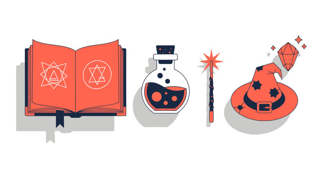 Flat vector illustration set of magic items: spellbook, potion, wand, and witch's hat. Ideal for fantasy, wizardry, Halloween, and mystical game designs.