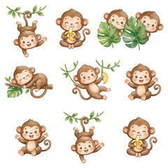 Obraz premium Cute cartoon baby monkey animal icon set 