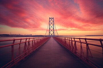 Obraz premium Empty bridge extending towards the horizon under a vibrant sky and calm water