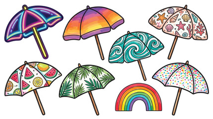 Collection of colorful umbrellas and a rainbow illustration, perfect for summer and beach themes. © Terra