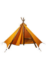 Isolated orange canvas teepee tent with wooden poles for outdoor camping adventure © Aoife