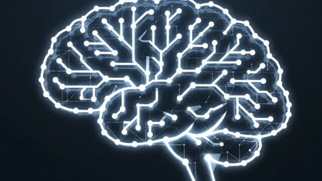 Digital brain network illustration on a dark background, representing artificial intelligence, neural networks, and advanced technology concepts, showcasing interconnected nodes and pathways