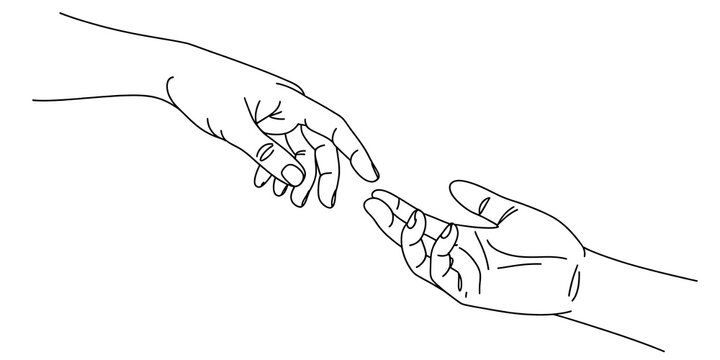 Two hands reaching towards each other in a symbolic gesture of connection and touch on a white background 