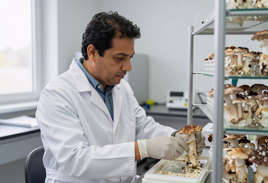 Mushroom Scientist Cultivating Exotic Fungi in Lab