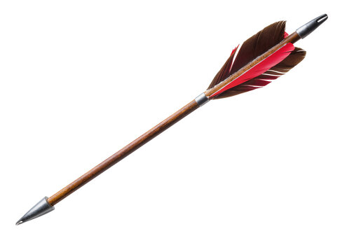 Isolated traditional wooden arrow with brown and red feathers and sharp metal tip for archery