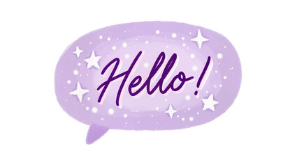 Isolated cute purple speech bubble with 'Hello!' text and sparkling stars design © Aoife
