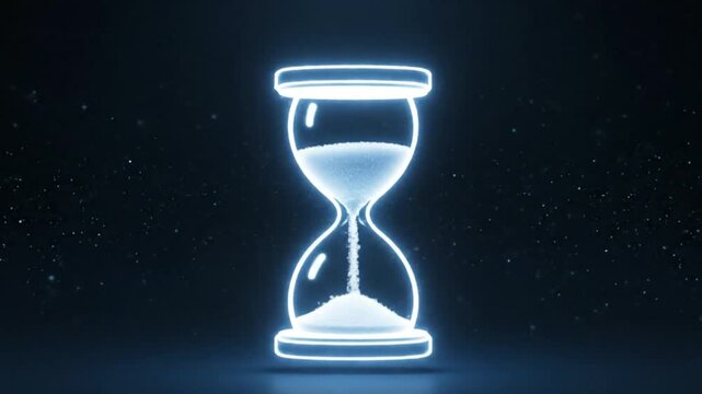 Glowing blue neon hourglass icon, representing relentless time, a crucial countdown, or an impending deadline, against a dark, abstract digital background