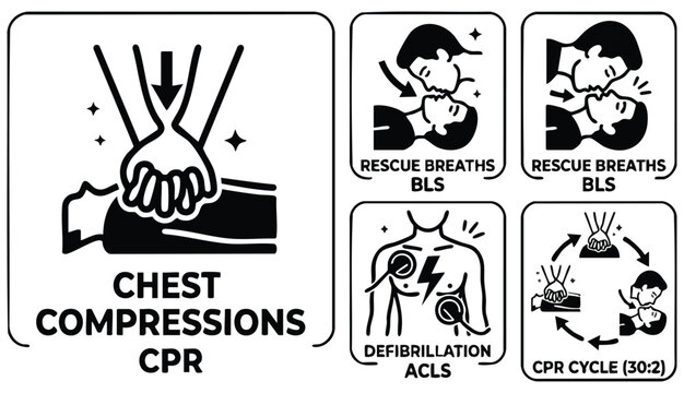 CPR ( Cardiopulmonary resuscitation ) icon ( black & white , flat design ) , Basic life support ( BLS )and Advanced cardiac life support ( ACLS )( mouth to mouth , chest compression , defibrillation )
