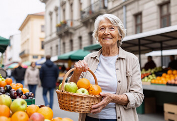 Obraz premium Elderly Woman Smiling with Fresh Fruit Basket at Local Market