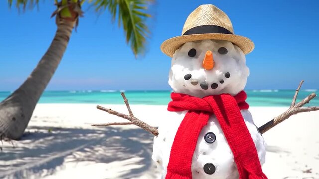 Snowman wearing hat and red scarf on tropical beach.