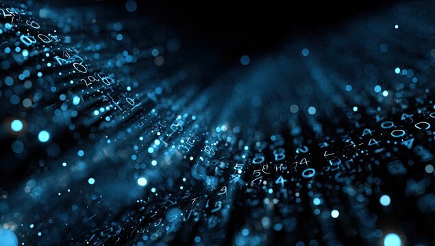 Abstract digital matrix with glowing blue particles and scattered letters and numbers