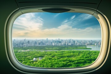 Naklejka premium Airplane window framing an aerial view of cityscape, green trees, and river under a blue sky