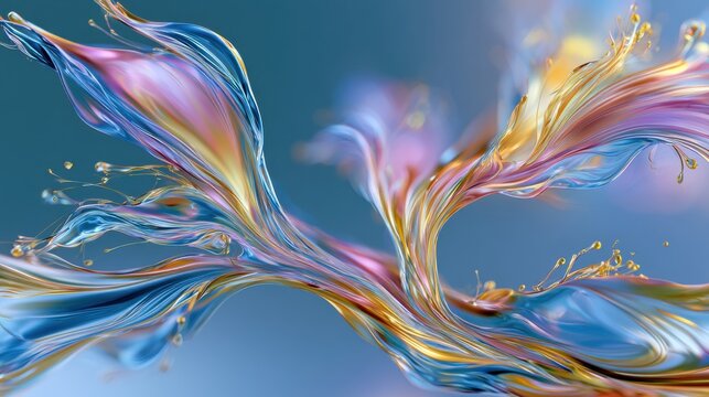 Flowing liquid glass river branching into multiple glowing pastel streams.