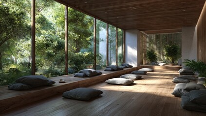Fototapeta premium Serene indoor space with large windows overlooking a lush forest