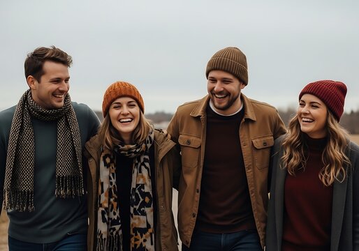 A group of friends laughing and walking together outdoors in casual winter clothing with cozy knitted hats and scarves