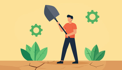 Environmental restoration effort by a man with a shovel on cracked earth, supported by green innovation and sustainable practices © MuhammadHaris