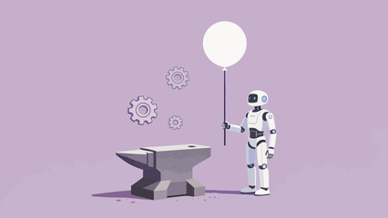 AI-Powered Innovation A robot stands by an anvil, holding a blank balloon, symbolizing the future of industrial creativity and automated processes © MuhammadHaris