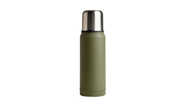 Isolated olive green vacuum insulated stainless steel container for hot or cold drinks