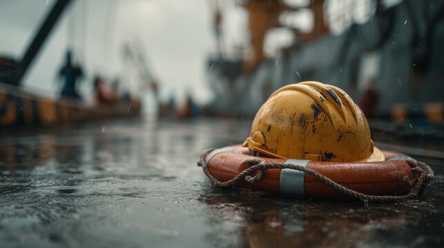 Hard hat on life ring on wet dock conveying maritime insurance for crew injury and vessel liability.