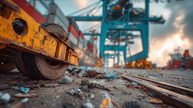 Container crane at port with rail track and shipping container wheel foreground symbolizing maritime insurance risk and cargo liability coverage.