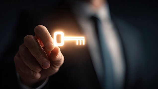 A hand holds a glowing key, representing opportunity, solution, and access to success