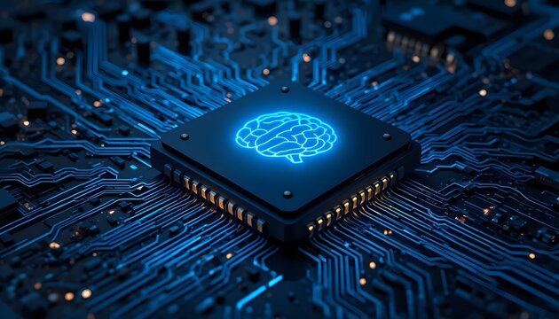 artificial intelligence brain icon on cpu microchip and electronic circuit board