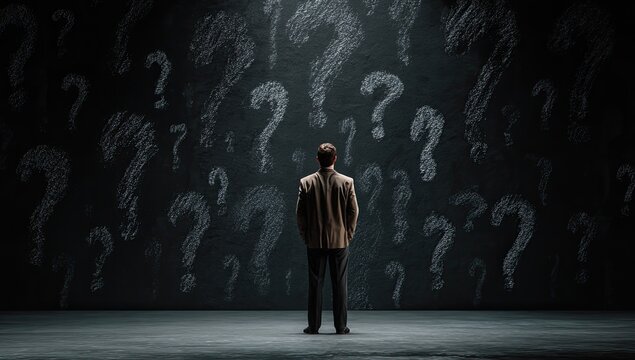 Person in suit facing wall covered in numerous chalk question marks
