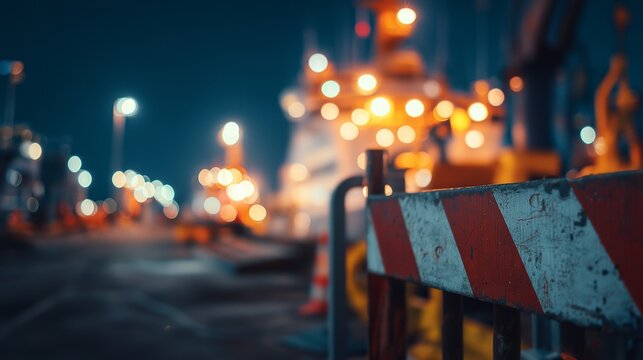 Blurred port at night with safety barrier and bokeh light suggesting maritime insurance risk coverage for cargo vessel and harbor operation.